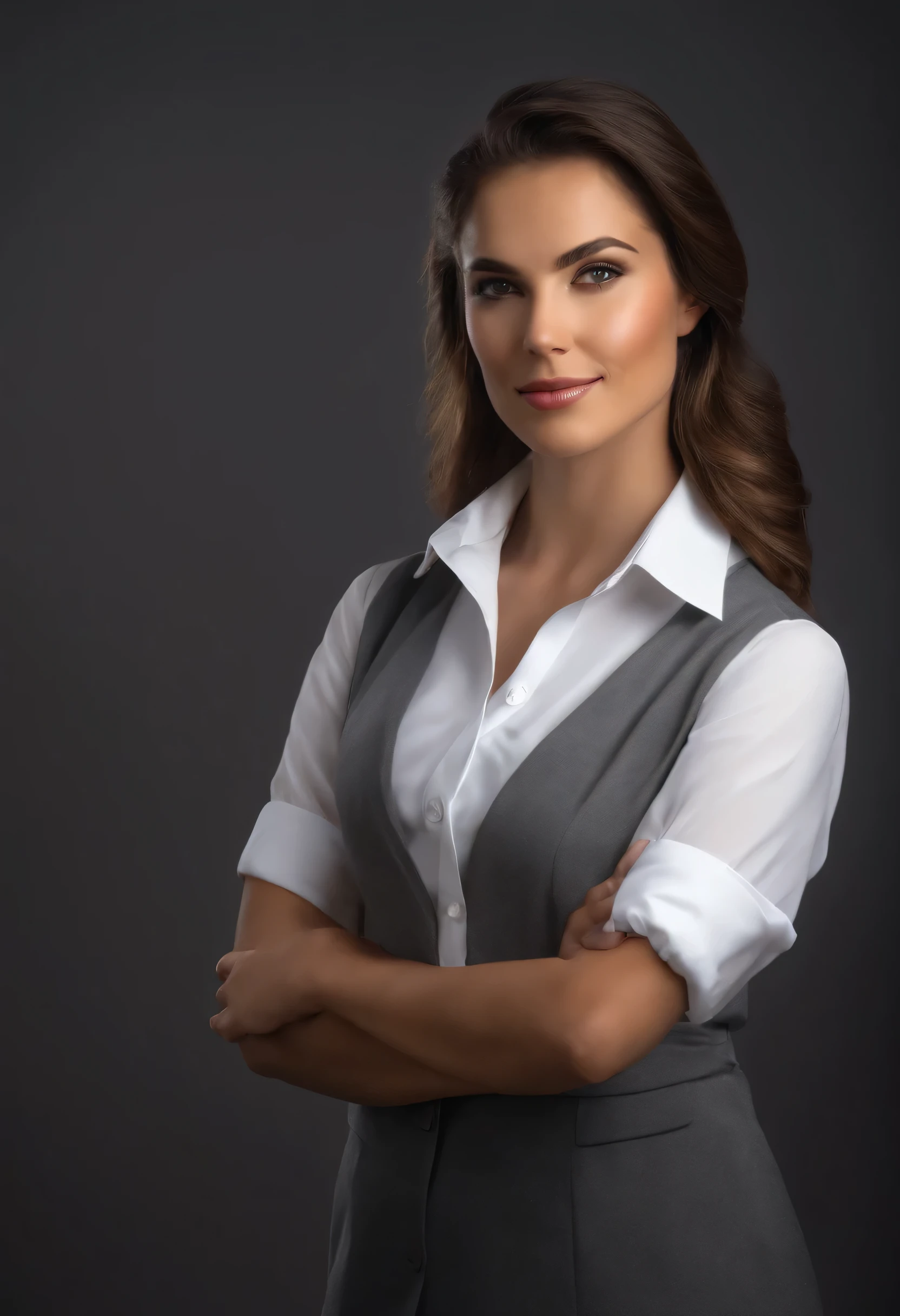 uma jovem professora usando um vestido cinza e camisa branca com fundo em branco hiper realista