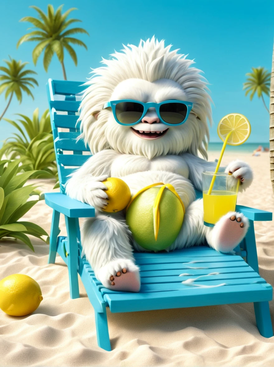 An adorable yeti lays in a lawn chair at the beach, wearing sunglasses and holding a lemonade. The yeti is in a 3D illustrated animation style.