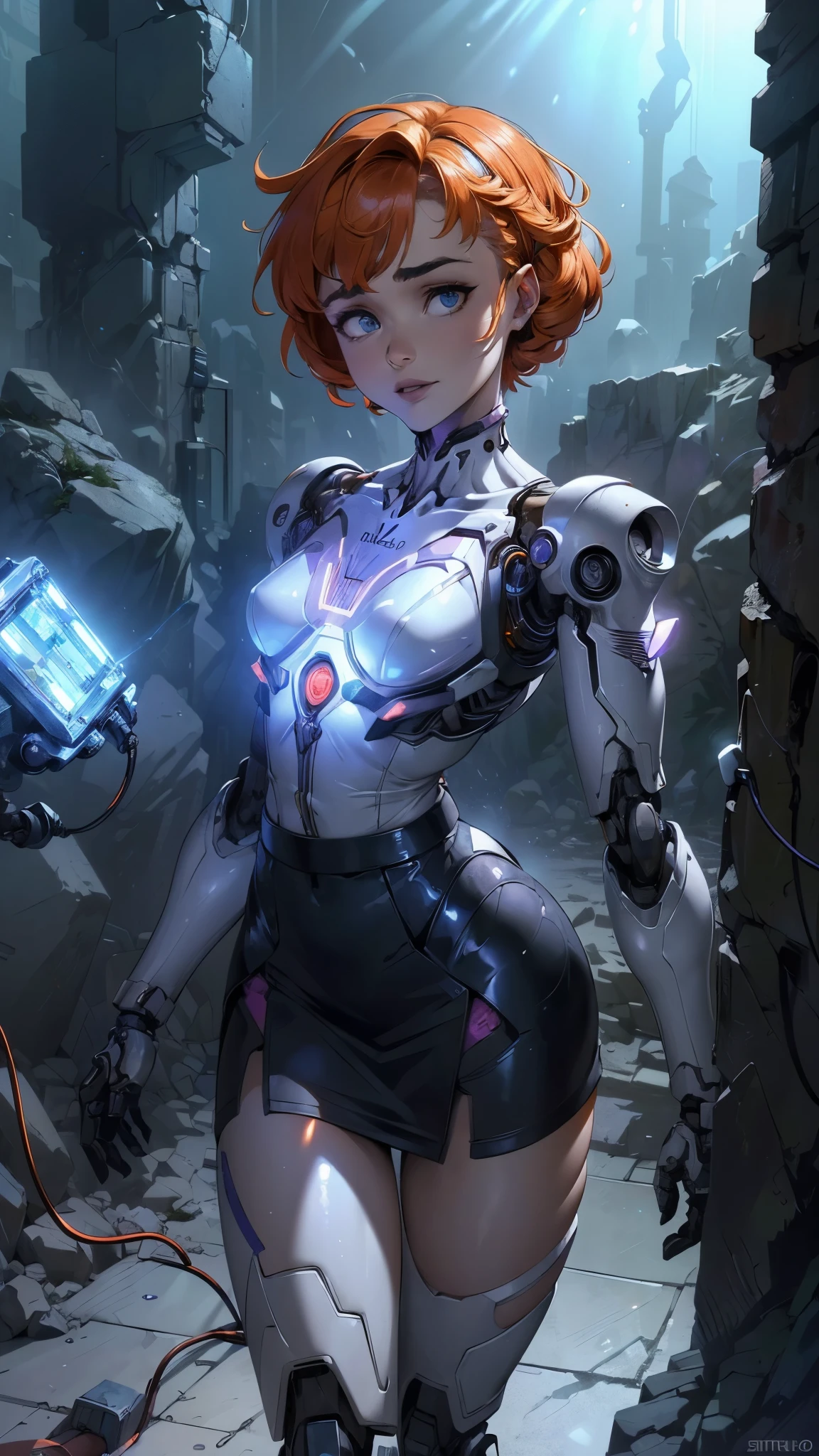 (La mejor calidad,A high resolution,Ultra - detallado,actual),sabrina carpenter cyborg transparent , ( mini skirt cyborg orange :1.4), top corto white transparent ,,(Fondo de ruinas de mazmorra en ruinas cyberpunk :1.4 ), (Mechanical vertebrae attached to the back, mechanical cervical attachment to the neck, alambres y cables que se conectan cuerpo , Evangelion, small bright LED lamps:1.4) , More detailed 8K.motor irreal:1.4,UHD,La mejor calidad:1.4, fotorrealista:1.4, textura de la piel:1.4, obra maestra:1.8,obra-prima, mejor calidad,objeto Objeto], (detailed face features:1.3),(Las proporciones correctas),(Ojos hermosos azules),  (pose vaquero),( sabrina carpenter:1.4), (sabrina carpenter V2.1),( perfect anatomy:1.4), (cyborg mechanical robot transparent plastic white:1.4), ,(Fondo de ruinas de mazmorra en ruinas piedras grandes caverna :1.4 ), (cinematic lighting :1.4), (fondo laboratorio robotic :1.4), (Cyborg inteligencia artificial :1.4),( face detailed :1.4), (no mutaciones), (weared in translucent:1.4),( cyborg translucent :1.2), (human skulls destroyed floor ground) 