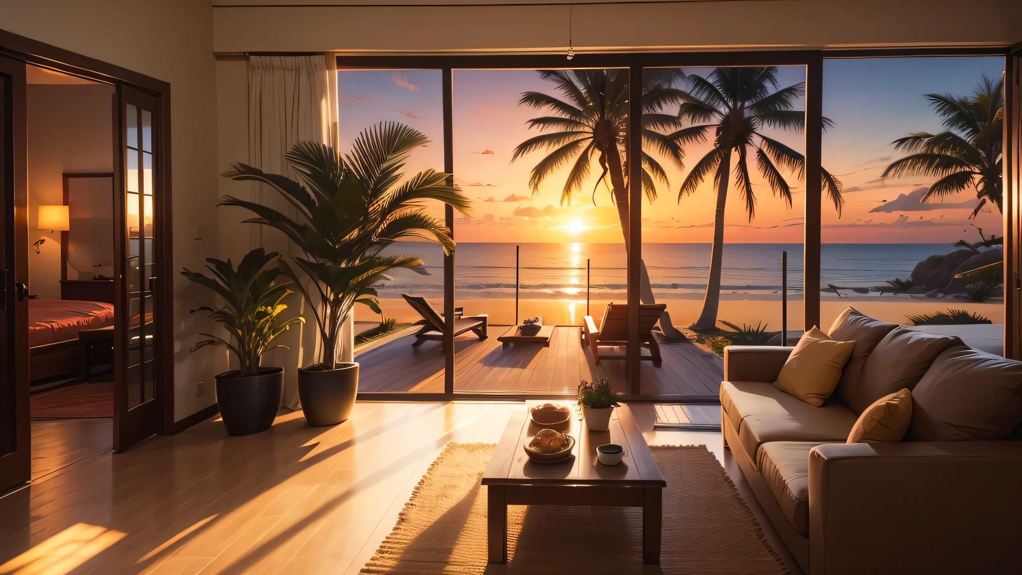 seaside,Palm tree,Sunset,indoor