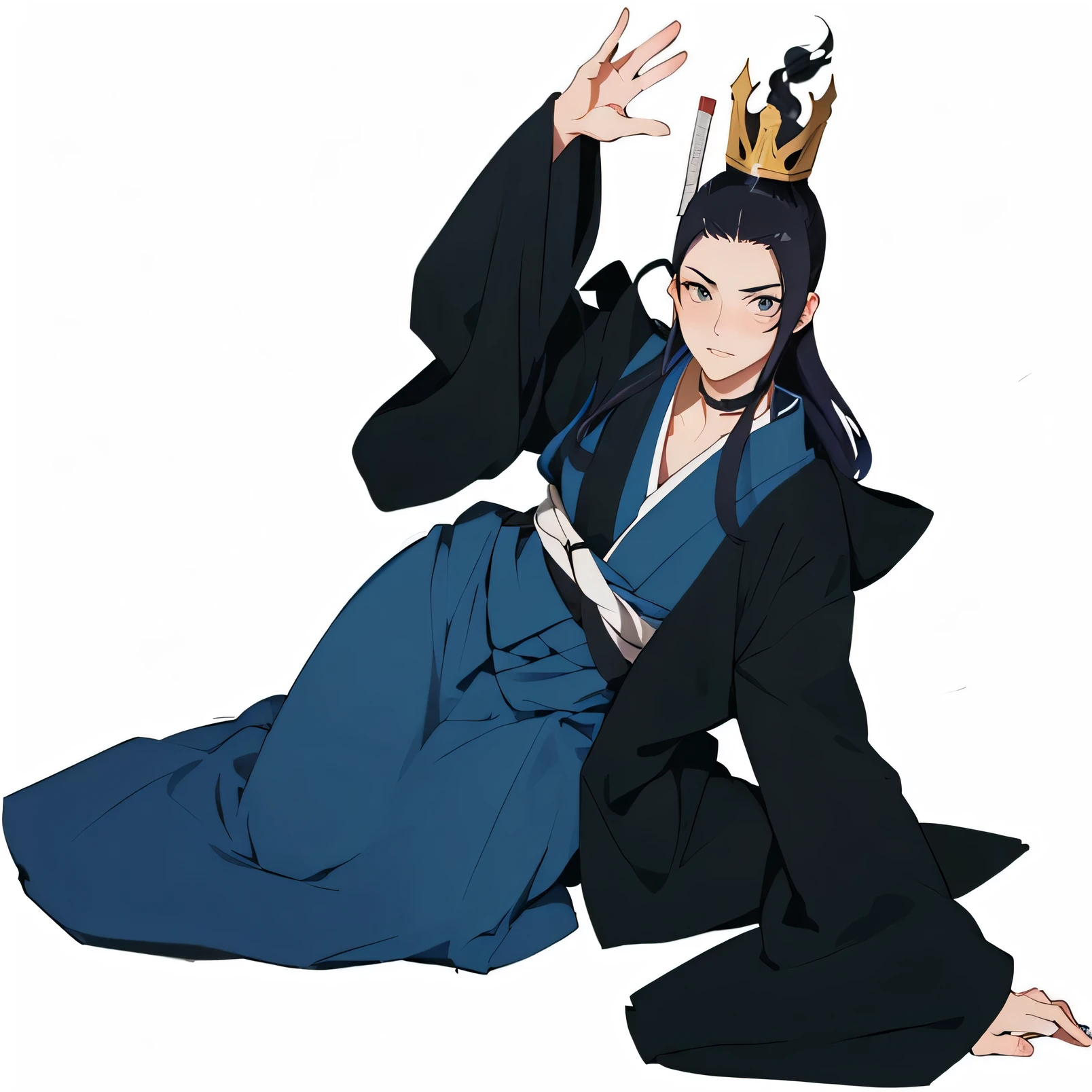 A caricature，Depicted is a woman wearing a kimono、Man with a crown, villain pose, Ninja scroll anime style, Inspired by Zhou Wentianchong, Posture, Inspired by Toshusai Sharaku, shirow masamune, Exhausted God, Inspired by Masanobu Okumura, Since the Warring States Period