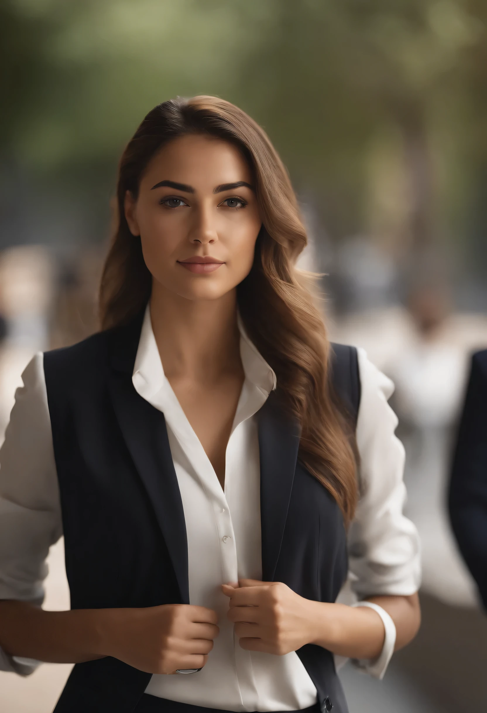 A portrait of a businesswoman in a suit and tie, No estilo do Unreal Engine 5, Empoderamento feminino --AR 128:85 a woman dressed in a business suit standing in front of people, no estilo de retratos suavemente iluminados, Ultra HD 32K, Curves thrown, energia juvenil, and amber, bonito --ar 128:85 young businesswoman in business suit, no estilo de emocionalmente complexo, ondulado --ar 128:85 A beautiful businesswoman in a suit, No estilo do Unreal Engine 5, sharp focus --ar 128:8 cabelos cacheados