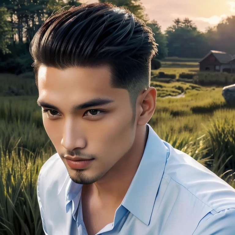 Asian man Arav in a suit and tie stands in front of a field., Southeast Asians with round faces, Niwan Chandra, Thawan Duchanee, A well-maintained model, undercut hairstyle, Handsome Chad Chin, good looking face, Asian man, Inspiration from Zhang Han, Undercut haircut, handsome man，3D black short hair, 8K images, Shot with a high quality Fuji camera, wide aperture 45.,000,000 pixels,