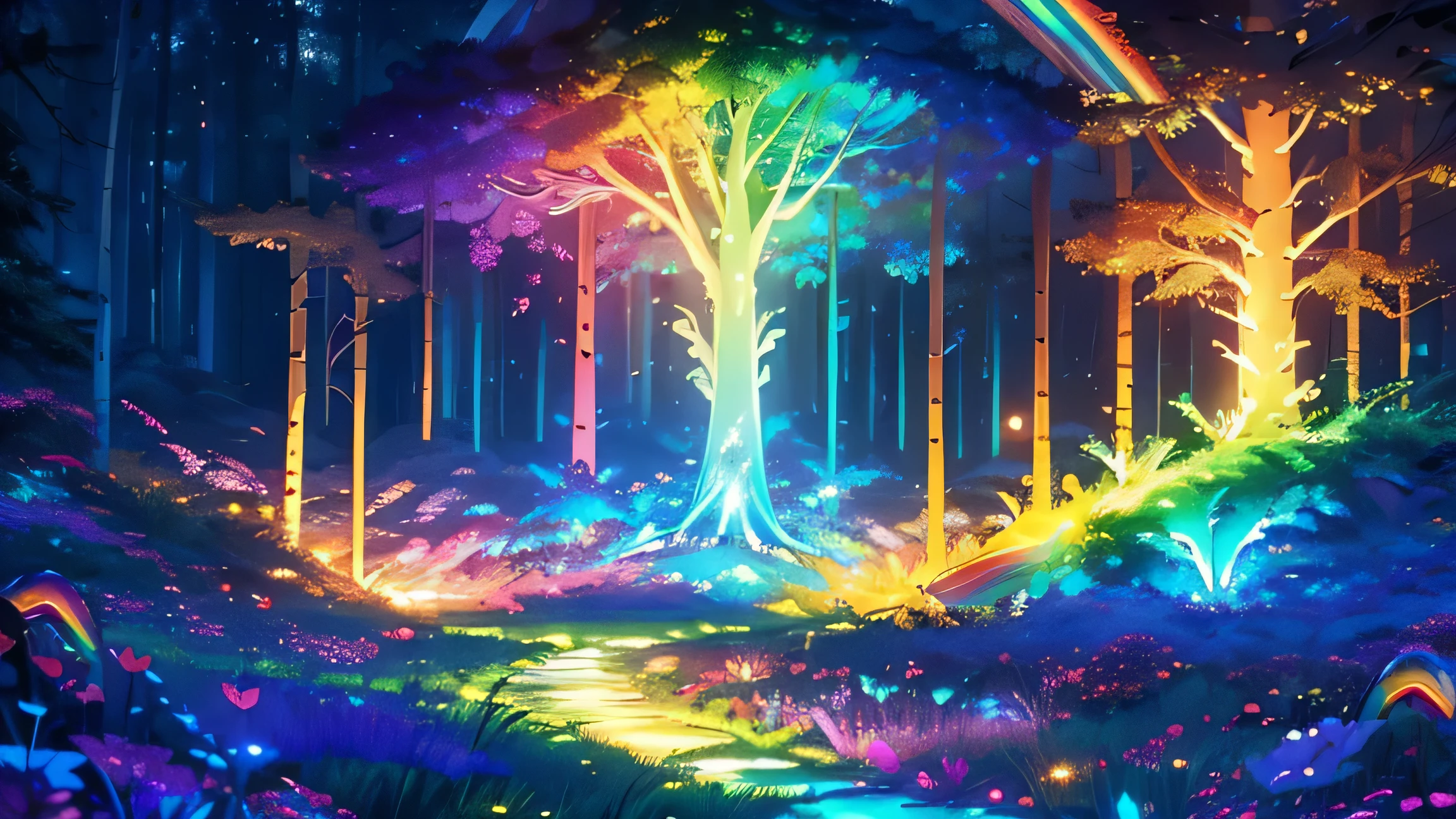 Enchanting Mysterious Forest, Neon colored butterflies, Pure blue water river fountain, Golden Mini Fairy, A glowing mushroom that releases pollen, extremely beautiful landscape, (Ultra-realistic), {Highly detailed 8k CG unit wallpaper}, expansive landscape photography, (Low perspective that prioritizes the entire scene, (A broad perspective), (Low angle shot), (highlight: 1.5), (Low Light: 1.0), (Warm light source: 1.0), Intricate details, (Rainbow-colored: 1.5), (Bright lighting), (Atmospheric lighting), nature, Magic, landscape