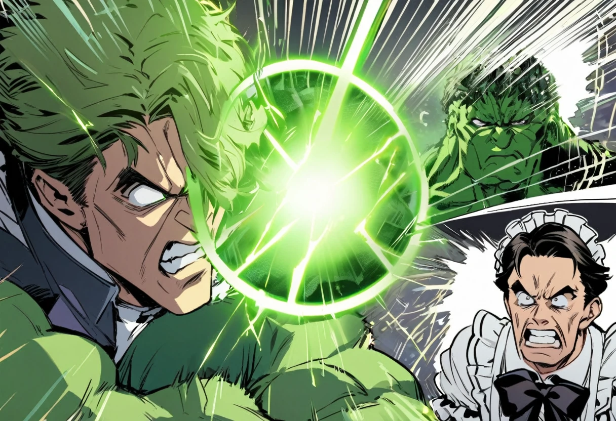 The Incredible Hulk wearing a maid outfit and looking confused, Doctor Strange is laughing, seperated from the Hulk by a magic barrier