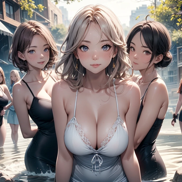 highest quality, Super detailed, (Ultra-high resolution,8K), Ultra-high definition 4K, (Perfect Anatomy, Anatomically correct), (Five Sensual Housewives:1.4), (Beautiful Eyes), (Detailed eyes), (High-quality facial beauty), ((Hands behind the head and sides)), (In the Storm:1.2), Friendly, (Photorealistic), (Detailed big breasts), Soft Skin, Glowing Skin, (Tight see-through camisole), Bright lighting, Very heavy rain, (5 cute girls:1.4), colorful, Goddess-like beauty