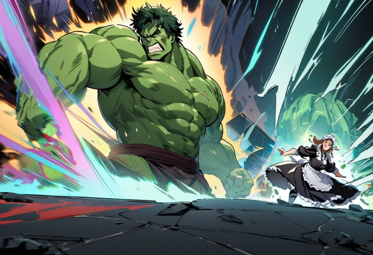 The Incredible Hulk wearing a maid outfit and looking confused, Doctor Strange is laughing, separated from the Hulk by a magic barrier