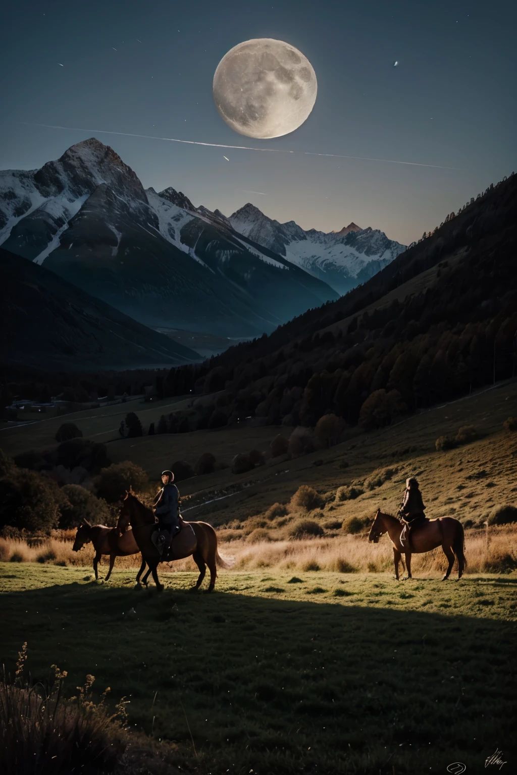 Drawing of a Landscape with mountains and trees at night with horses riding free with the full moon 