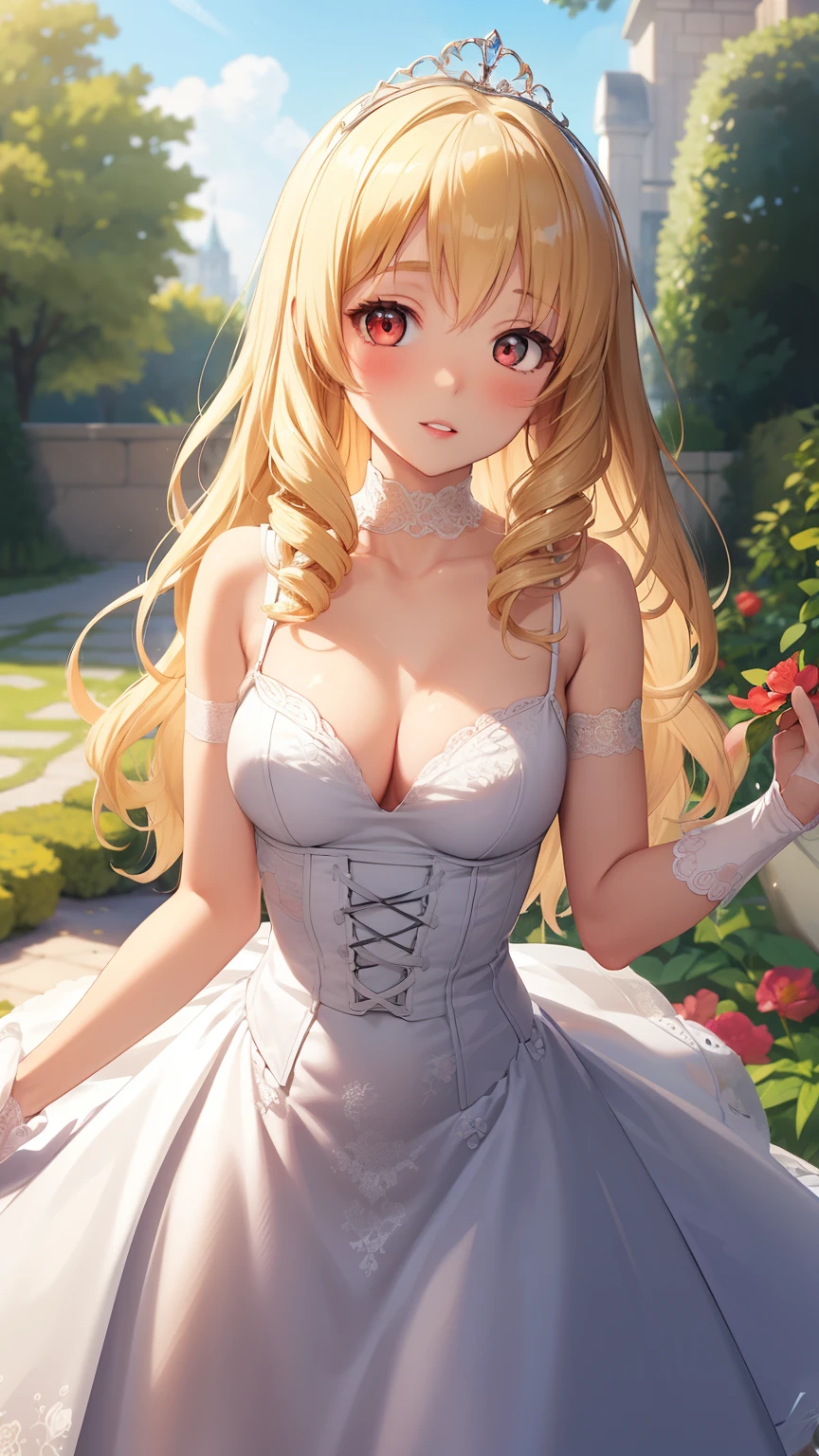masterpiece, best quality, 1girl, very curly hair, blonde hair, shiny hair, tiara, diadem, medium breasts, glossy lips, good lighting, latifa fleuranza, standing, (see-through dress:0.8), garden