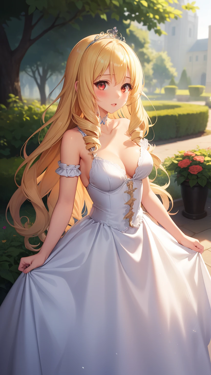 masterpiece, best quality, 1girl, very curly hair, blonde hair, shiny hair, tiara, diadem, medium breasts, glossy lips, good lighting, latifa fleuranza, standing, (see-through dress:0.8), garden
