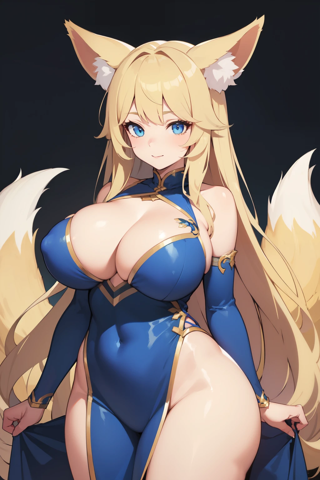 ((best quality)), ((masterpiece)), (detailed), perfect face, foxgirl, long hair, blonde hair color, bright blue eyes, busty, fancy dress, fox ears, fox tail, revealing dancer outfit, big breasts, wide hips, single tail