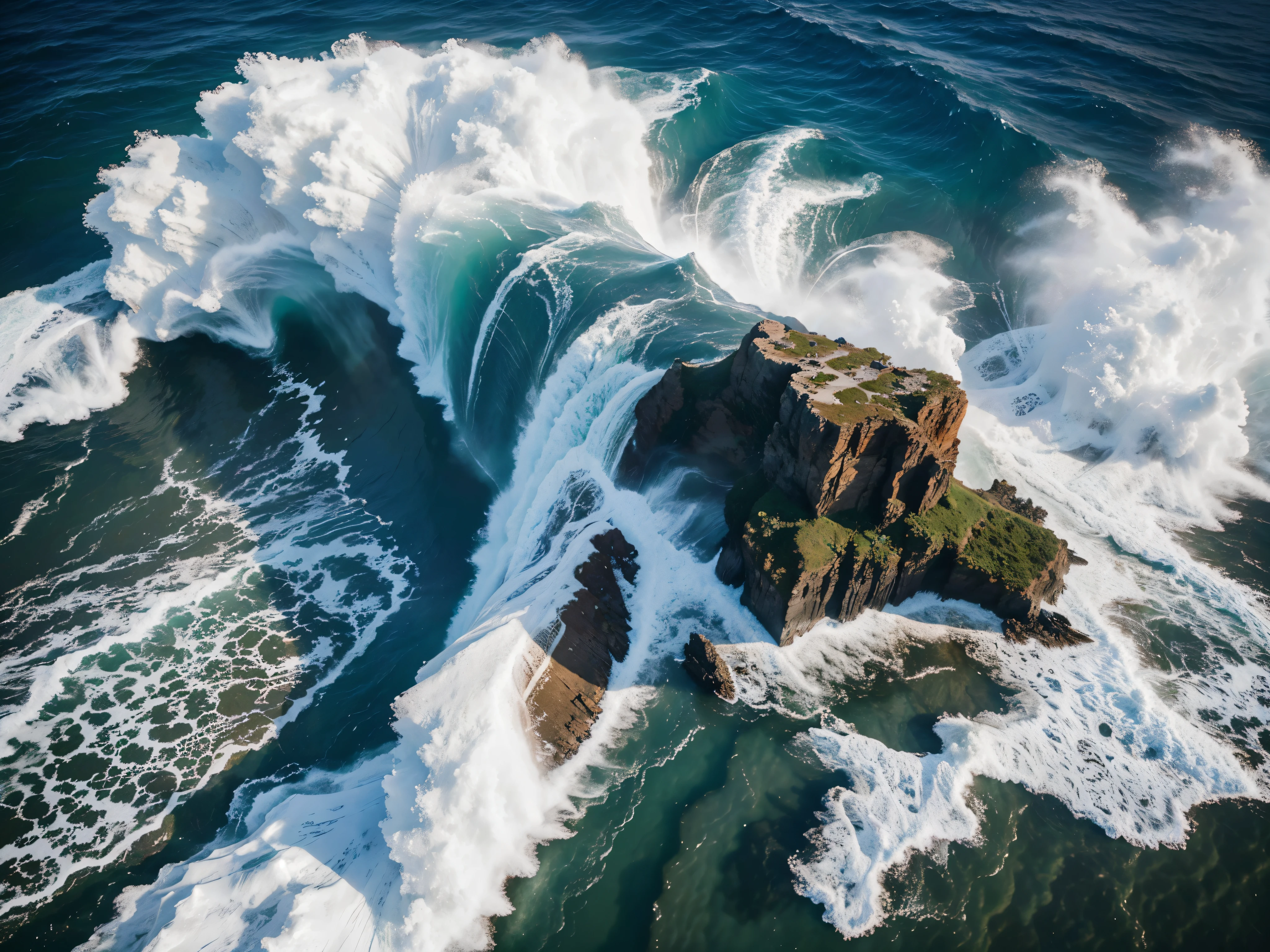 Aerial view of a body of water with rocks and trees, From above, Turbulent waves, drone photography, view from above on seascape, Crashing waves, shot from above, swell sea, blue crashing waves, stunning waves, shot from drone, 4k drone photography, foamy waves, amazing depth, swell sea, beautiful waves in sea, Aerial Photography, Raging sea