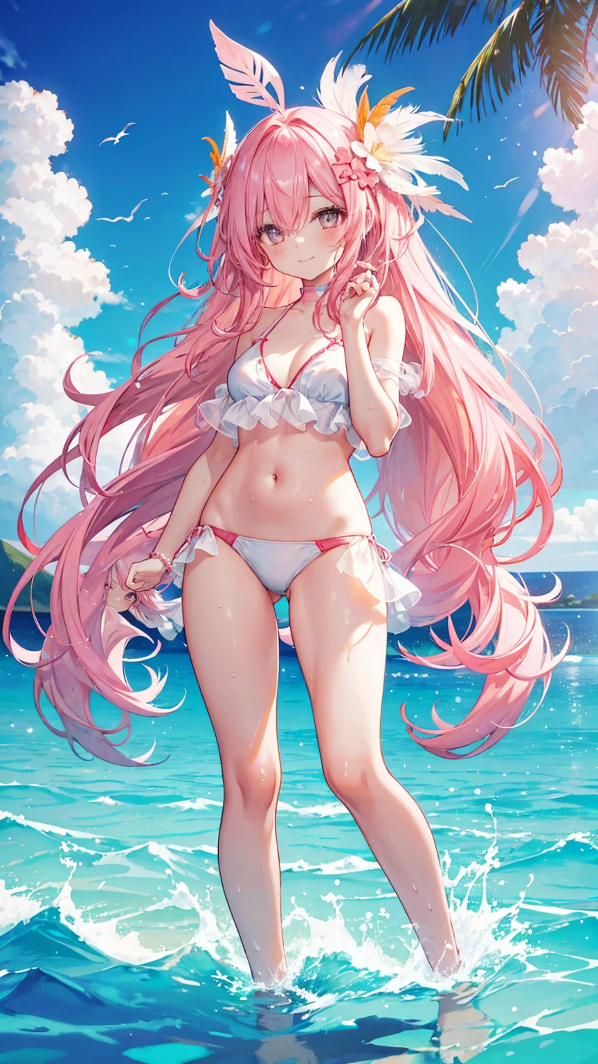 Coral pink hair,Long hair,hair over one eye,Gray eyes,feather hair ornament,cute,Girl,Smiling expression,Happy and happy expression,White bikini,Wet on the body,whole body,Standing in the pool,Don't show your arms,Background is beach,Hawaii,Blue sky and white clouds