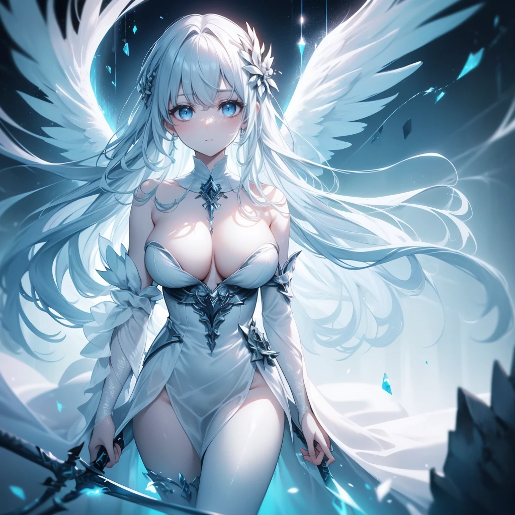 1 Angel girl. Ethereal lighting. ((best quality)) ((Highdef)) Tall and busty. Cute and shy. Huge Angel wings. rubbing her arm. Wearing a large flowy robe. Floating. She has glowing runes carved into her skin. She is holding a holy sword.