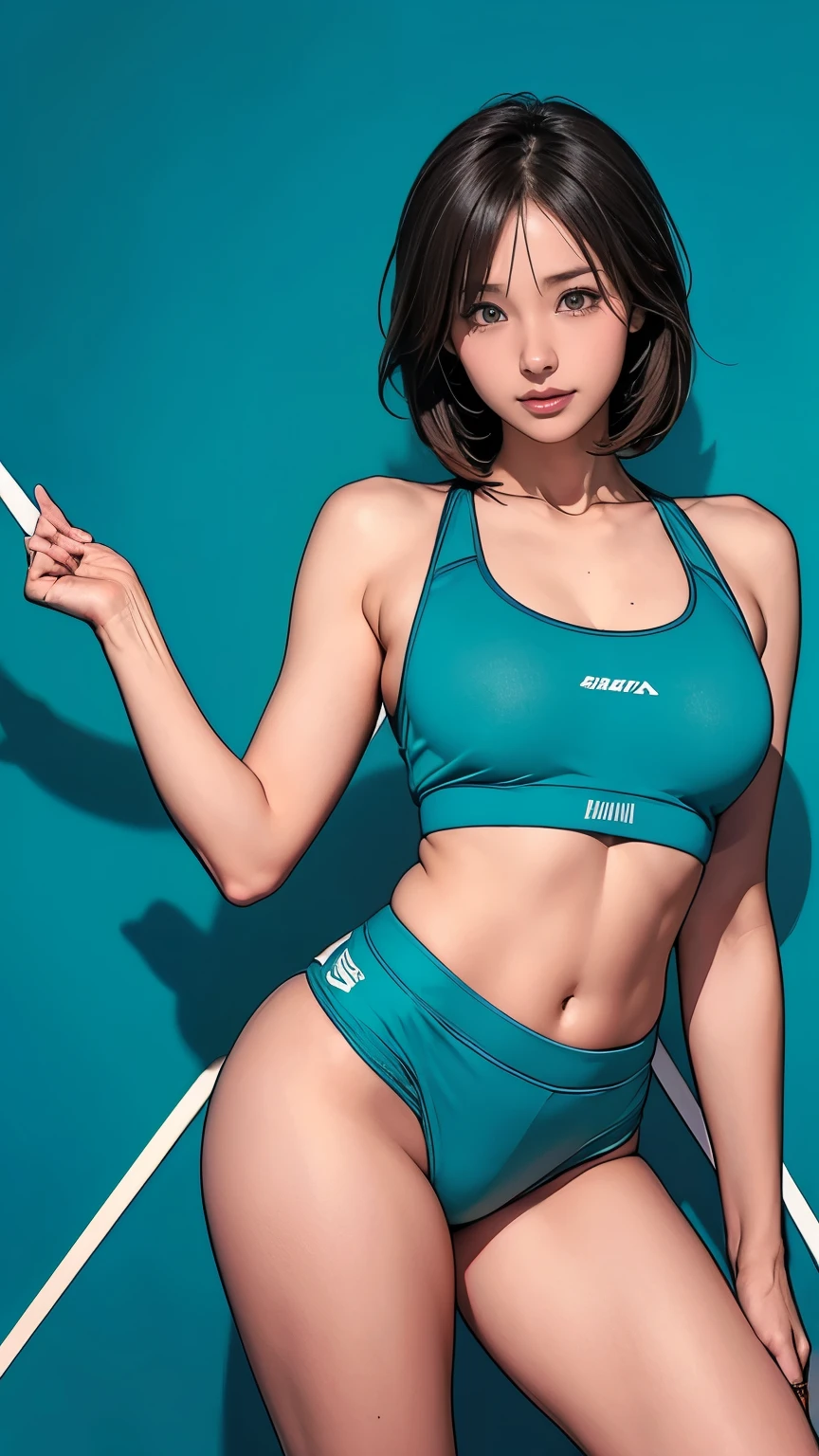 8k, RAW photos, best quality, masterpiece, Practical, Reality, (1 extreme beauty), 36 years old, Gorgeous，The face is rich in detail, (Perfect Teeth), Delicate eyes, double eyelids, eyelash, Grin, Lip detail, Brown Hair Bob, Natural breasts, ((Sexy Japanese volleyball)), ((Teal Sexy Sports Shorts))Soft Light, ((Written border depth)) 、Shot in the back、all、Stick out your ass、legs spread、slim body、Inverted Nipple, High Jump Jacket,Sports bra，Leaked out，