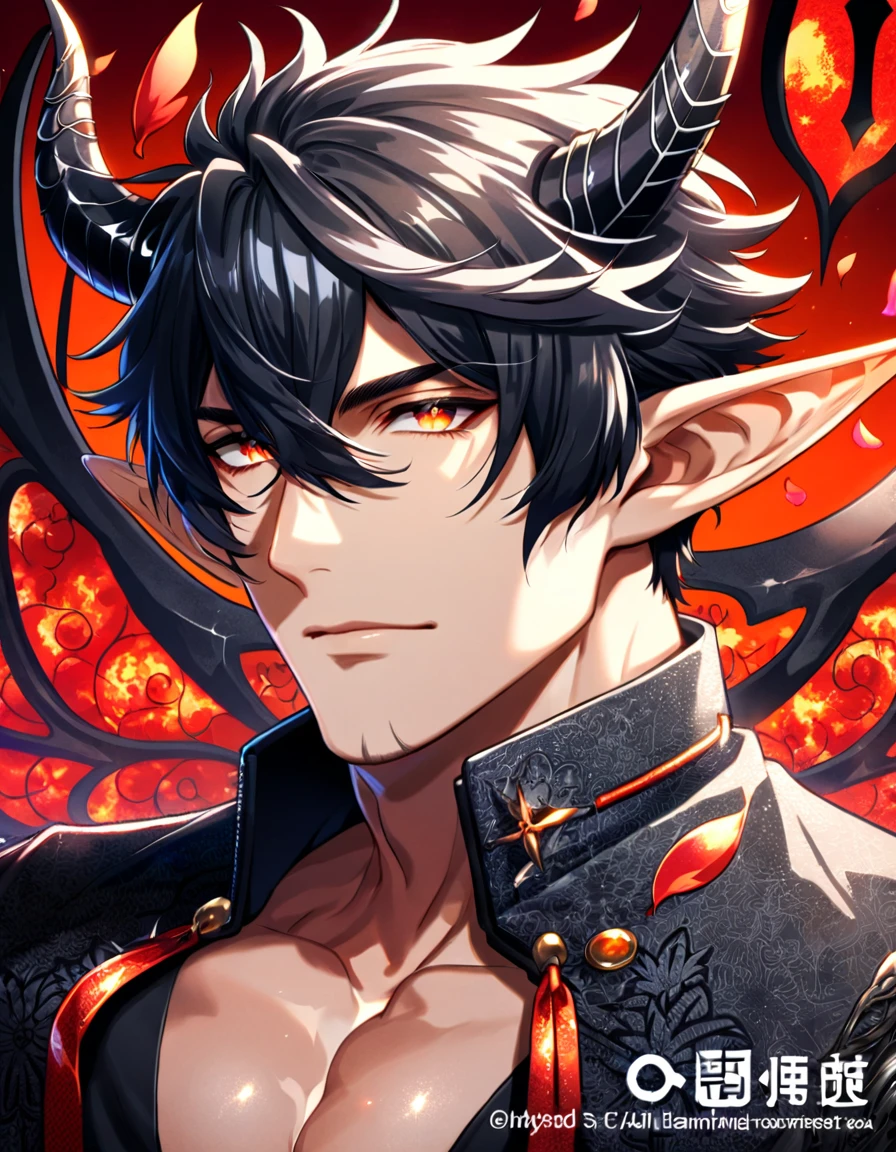 absurdres, highres, ultra detailed, HDR) master piece, best quality, Flamebringer, black hair, expressive orange eyes, Arknights, solo, sexy man, handsome, toned chest, slightly pointy ears, black horns, black tight shirt, cropped leather jacket, black collar, black earrings, magical fantasy, red butterflies, glittering, sparkling, red spider lilies, petals, radiant, red background