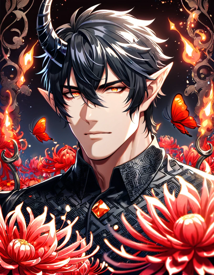 absurdres, highres, ultra detailed, HDR) master piece, best quality, Flamebringer, black hair, hair between the eyes, expressive orange eyes, Arknights, solo, sexy man, handsome, mature face, pointed ears, black horns, black clothes, patterns, magical fantasy, red butterflies, glittering, sparkling, red spider lilies, petals, radiant