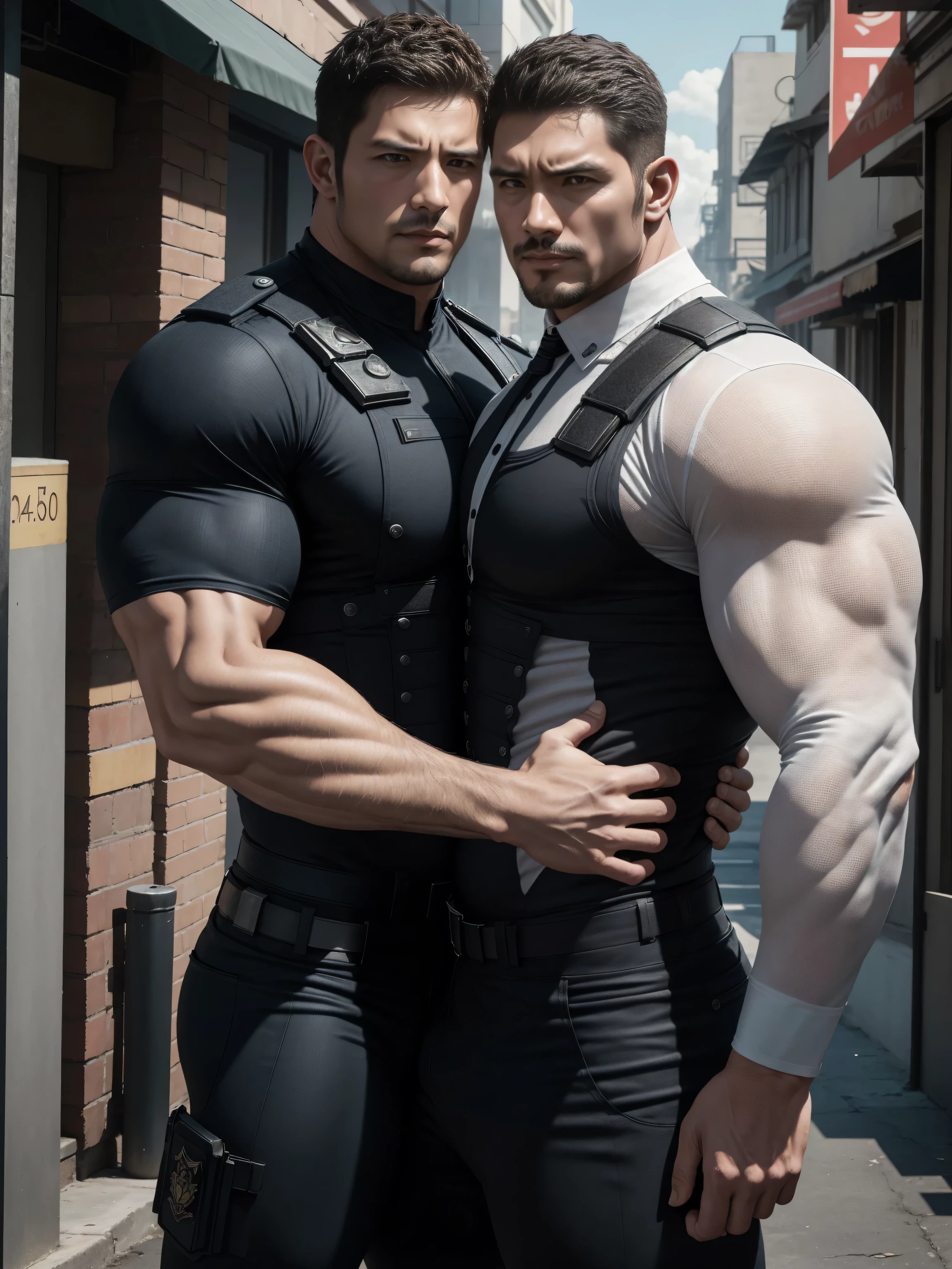 Angry super muscular man, Buzz Cut,On the old-style outdoor street under the hot sun, The two hugged intimately,Stroke each other,Wear long-sleeved linen tights, Linen texture,The expression is arrogant, Thick thighs, Messy hair, Thick thighs, Wear long-sleeved linen tights, very tight, Regular symmetrical pattern, Highlight muscles, Police uniform pants, character concept(Resident Evil - Chris Redfield, Chris Redfield)A proud expression, Deep and charming eyes, Heroic male pose, tall Burly, muscular!muscular thighs, tough guy, perfect facial features, High, Burly, Heqiang, Super polished and cool, High Resolution Committee, Charismatic, The sun is blazing, dazzling