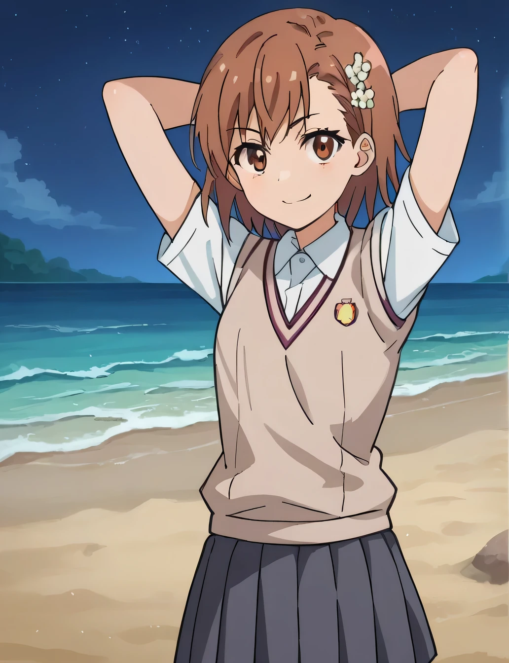 score_9, score_8_up, score_7_up, source_anime,
mikotomisaka, mikoto misaka, short hair, brown hair, hair ornament, hair flower, brown eyes,
skirt, shirt, , white shirt, short sleeves, pleated skirt, grey skirt, sweater vest, tokiwadai ,
closed mouth, solo, (cowboy shot:1.5), night sky, beach, arms behind head, contrapposto, spread armpits, looking at viewer, best quality, smile,