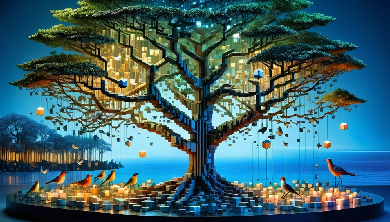 RAL-3D Cube Tree々An enchanting forest with wildlife, Fantastic Light,Many birds fly,Feel the sea