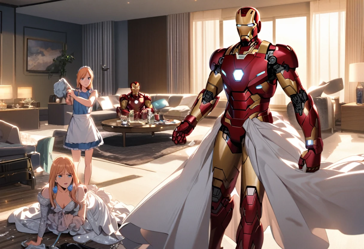 Iron man, silver and red armor, wearing a Maid outfit over his armor, cleaning up a mess in a posh living room. (Pepper Potts, dressed in a fine glittering evening gown) supervises looking annoyed