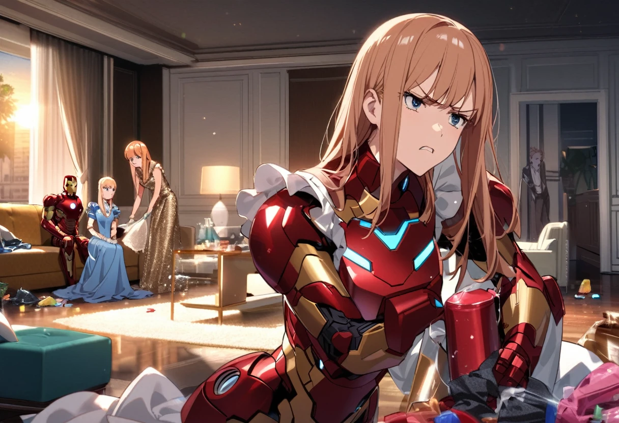 Iron man, silver and red armor, wearing a Maid outfit over his armor, cleaning up a mess in a posh living room. (Pepper Potts, dressed in a fine glittering evening gown) supervises looking annoyed
