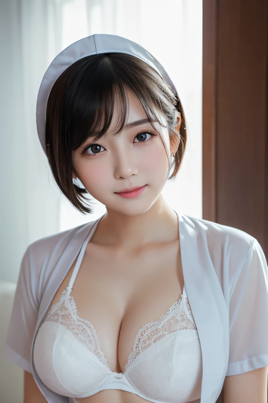 (1 Girl)、(Beautiful Japanese、18years old,round face、Refreshing、clear、seems kind、stylish、Pitiful、cute like an angel、cute、black eyes、,actress,Almond-shaped eyes,Translucent white skin、Beautiful skin), Good style , (((Beautiful big breasts:1.2))),(((soft breasts))),(very cute),(Black hair),(short bob hair),(enchanting eyes),(highlight on eyes:1.2)、(8K、Live shooting、highest quality、masterpiece:1.2、optimal lighting)、((masterpiece)),(Photo taken by a professional photographer),(real、photo real:1.4),break,{ (White nurse costume),(((taraditional nurse uniform))),(White lace bra)},(tears:1.4))(cheeks are red:1.2), break, break,Old abandoned hospital,Face shot:1.3、looking at viewer, face close-up,Looking up、Cleavage:1.6、Smile:0.7、A seductive atmosphere