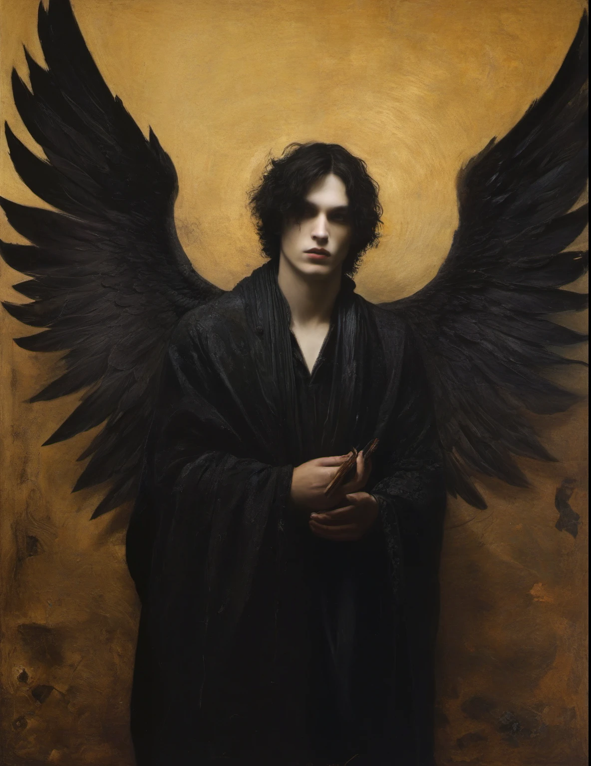 James Gurney, Surrealist art , dream-like, Mysterious, Provocative, symbolic, Complex, detailed,, (Gothic but very beautiful:1.4), (masterpiece, highest quality:1.4) , Nicola Samori Style, Laputa, Young and handsome men、Angel