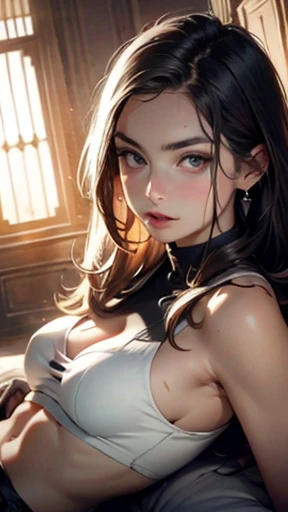 Hyper realistic {Ana de Armas, (sweaty)}, perfect symmetrical body, thin waist, medium breasts, {lying down sensually opening her breasts (symmetrical chest)}, facing the camera, symmetrical face, ideal human, 85mm lens, f8, photography, ultra details, natural light, backlight, photo, studio lighting