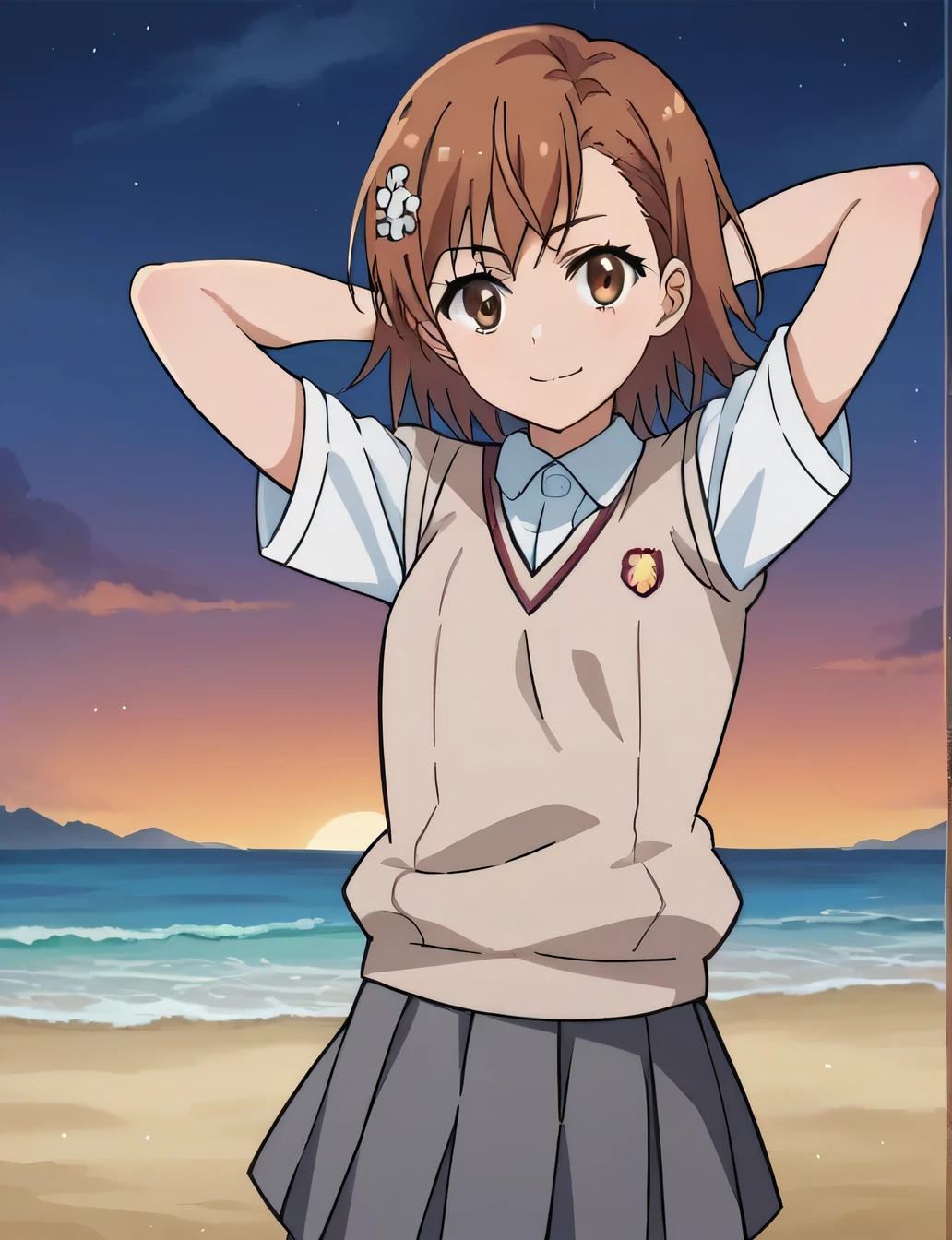 score_9, score_8_up, score_7_up, source_anime,
mikotomisaka, mikoto misaka, short hair, brown hair, hair ornament, hair flower, brown eyes,
skirt, shirt, , white shirt, short sleeves, pleated skirt, grey skirt, sweater vest, tokiwadai ,
closed mouth, solo, (cowboy shot:1.5), night sky, beach, arms behind head, contrapposto, spread armpits, looking at viewer, best quality, smile,