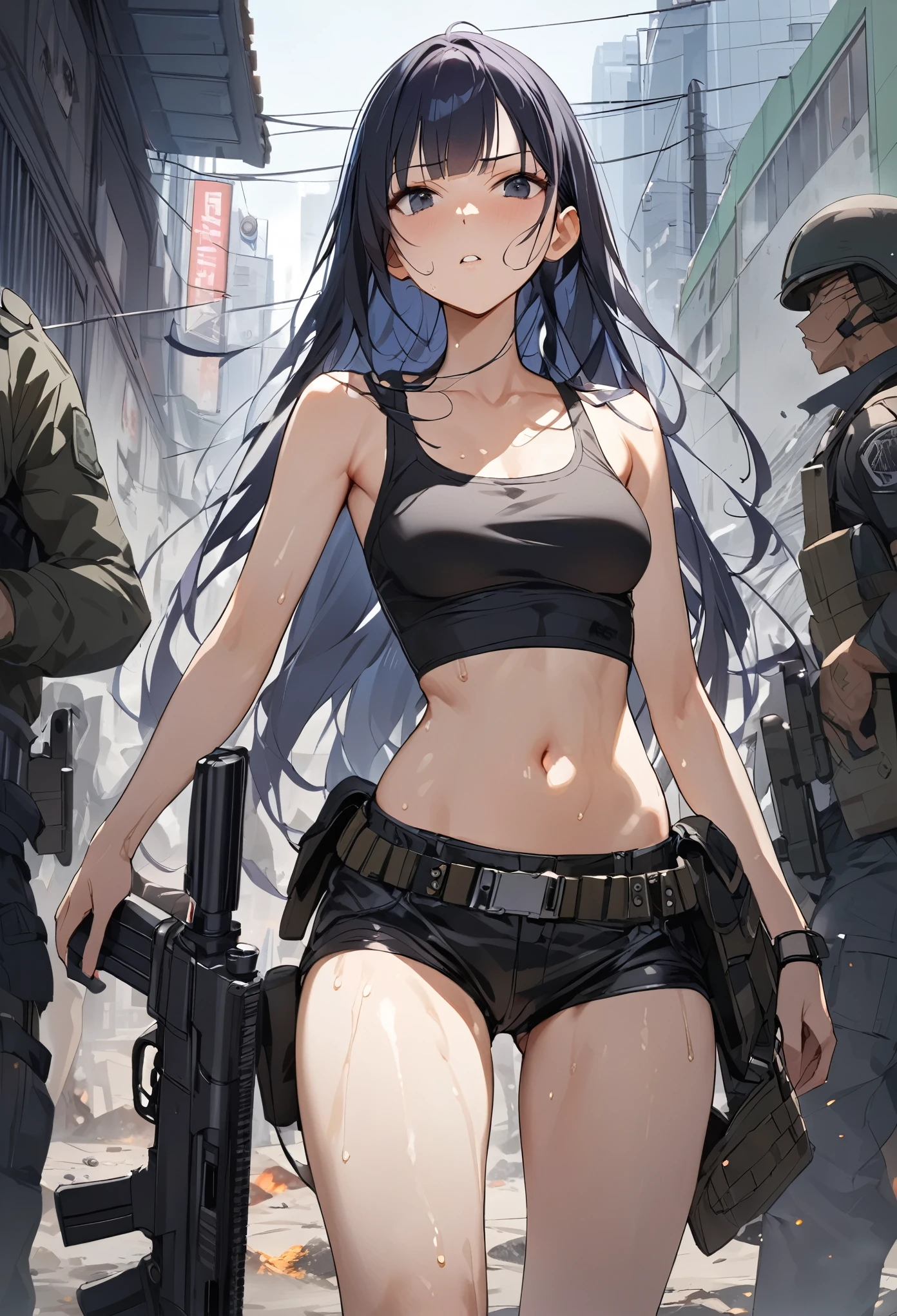 Action Scenes、Urban Warfare、Gunfight、((masterpiece, highest quality:1.3)),cowboy shot,20 year old beauty,solo,((very small head)),dark blue hair,long hair,black eyes,blunt bangs,medium breasts,((long body,slender body)),skinny,shiny skin,oily skin,sweat,Black tight tank top、Navel exposed、Black leather micro mini shorts、gunbelt,equipped with automatic rifle、Shoot a gun:1.5,on street、Ruined Tokyo、End of the World、