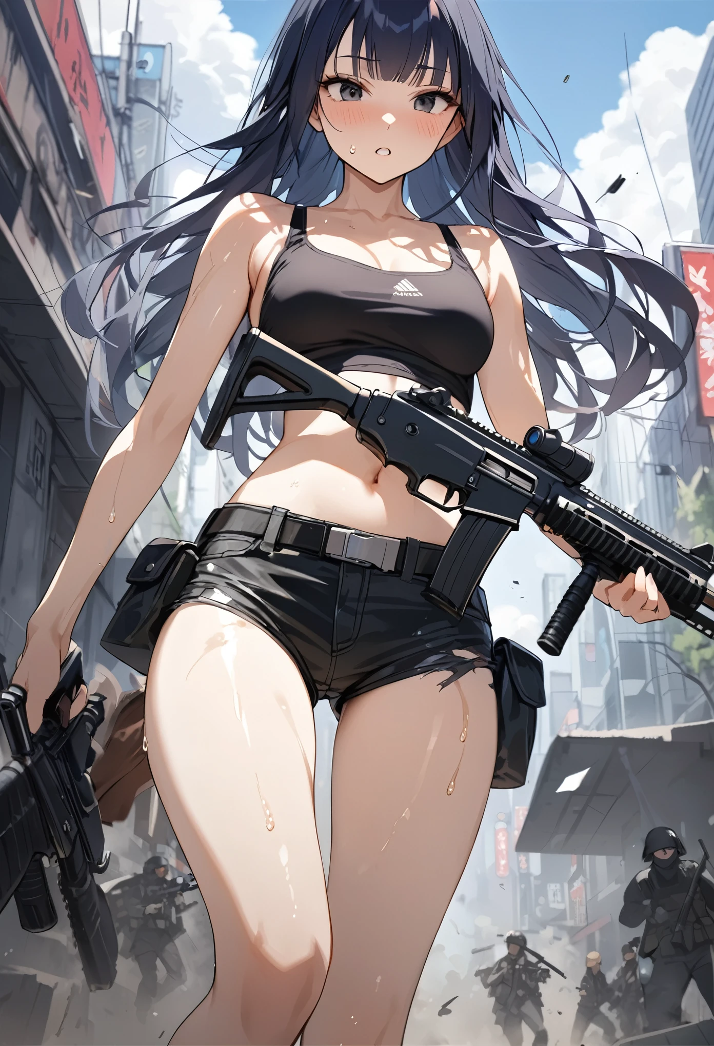 Action Scenes、Urban Warfare、Gunfight、((masterpiece, highest quality:1.3)),cowboy shot,20 year old beauty,solo,((very small head)),dark blue hair,long hair,black eyes,blunt bangs,medium breasts,((long body,slender body)),skinny,shiny skin,oily skin,sweat,Black tight tank top、Navel exposed、Black leather micro mini shorts、gunbelt,equipped with automatic rifle、Shoot a gun:1.5,on street、Ruined Tokyo、End of the World、