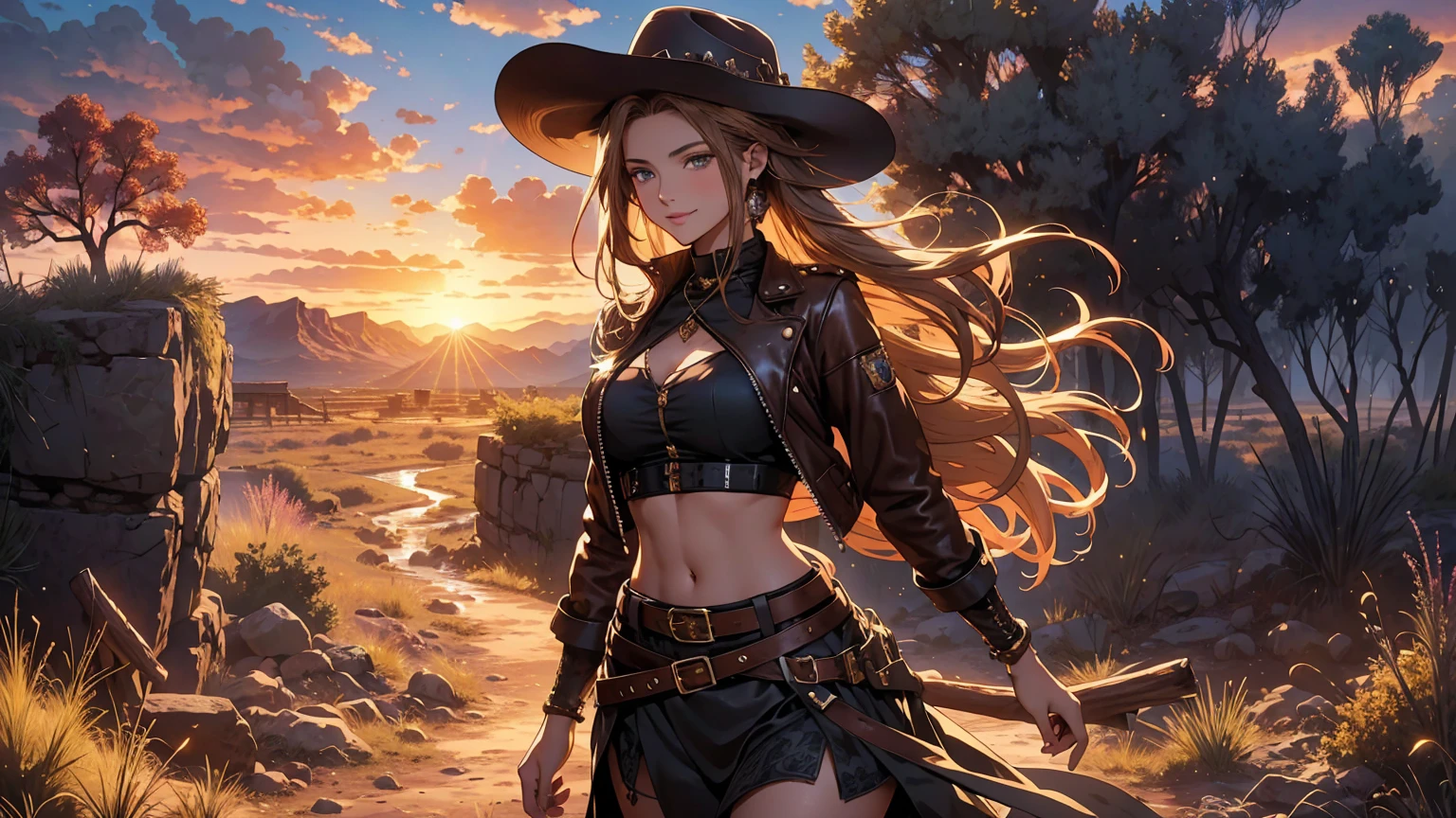 Arte de anime Genshin Impact: ((masterpiece: 1.2, 16k, super detail, best quality, accurate, high resolution, high quality)), (Wallpaper), Young cute cowgirl, age 18, super model, smiling, short brown leather jacket with open front, cowboy belt, brown cowboy hat, leather boots, braided hair, elegant posture, elegant cowgirl in the spotlight, illustrative style inspiration from the Charles Marion Russell, freedom, strength, confidence, full body portrait, standing, top model pose, seductive expression, Full breasts, Tight shirt, Midriff, beautiful latin girl, looking at the spectators, beautiful and charming girl, perfect clean model face, exquisite facial features, detailed face, clear facial expressions, long wavy hair, gradient hair, beautiful detailed eyes, piercing and enchanting eyes, luscious lips, beautiful detailed glossy lips, rosy cheek, enchanting smile, perfect body, slim waist, dynamic poses, solo girl, wild west setting, plain of the American West, wide and warm old sky, the sunset, a desert with dry soil and sparse thorn trees, rocky mountains, winding river with vegetation on the banks, rusty railway track, rock formations, ruins of a miner's cabin, dilapidated railroad, complex background, very detailed illustration, Ultra-detailed CG, professional art, vibrant appearance, raw photo, (a majestic vision), (dramatic photo:1.4), cinematic, (HDR:1.5), (intricate details:1.1), natural colors, splendid lighting effects, (dramatic light), (Cinematic lighting), epic and surrealistic anime, detailed anime digital art, anime digital art, high-quality anime art style, award winning,