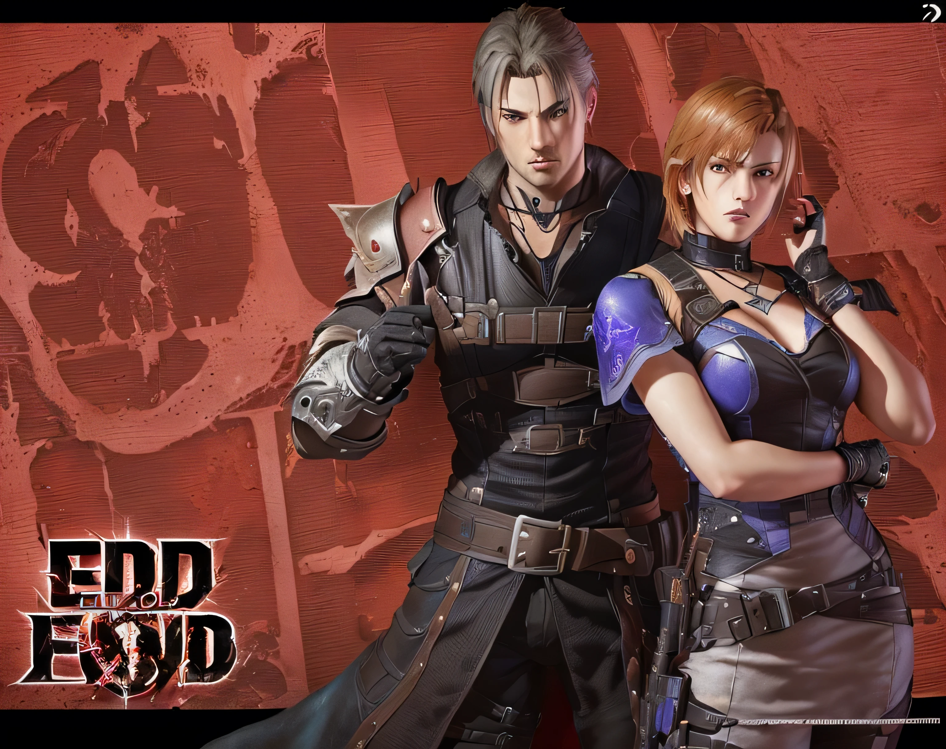 a close up of a person standing next to a person with a sword, background of resident evil game, game cg, godhand, hd wallpaper, fan art, soul calibur, as a character in tekken, phantom dust gameplay screenshot, final fantasy 1 2 style, promotional art, style game square enix, resident evil 4, resident evil, ffxi, from final fantasy