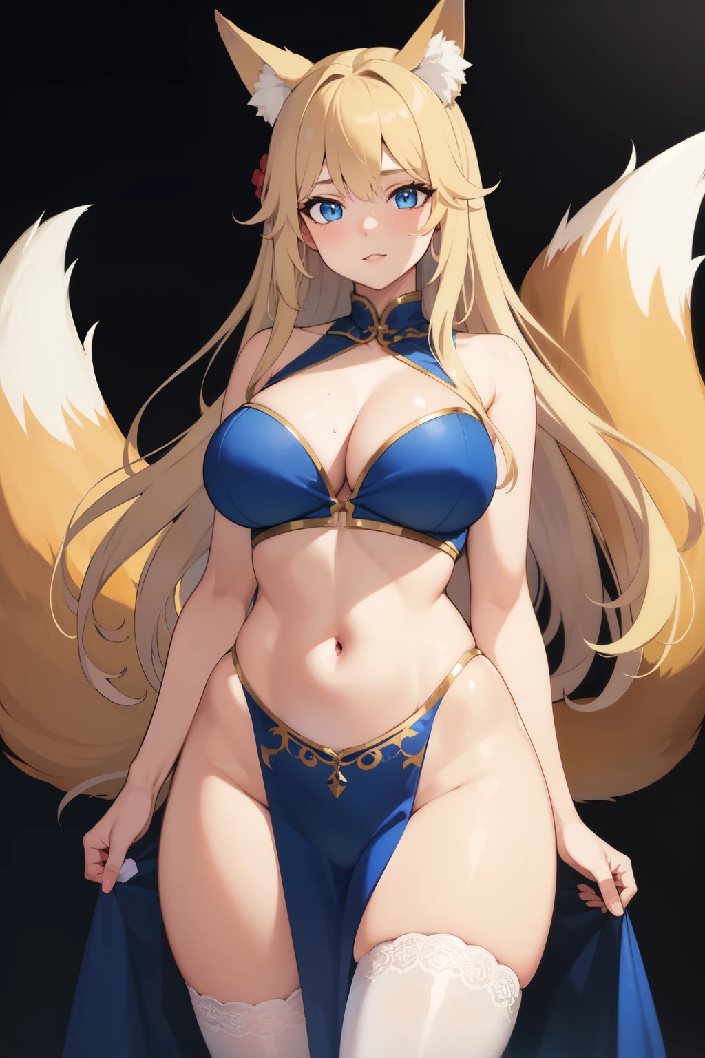 ((best quality)), ((masterpiece)), (detailed), perfect face, foxgirl, long hair, blonde hair color, bright blue eyes, busty, fancy dress, fox ears, fox tail, revealing dancer outfit, big breasts, wide hips, single tail