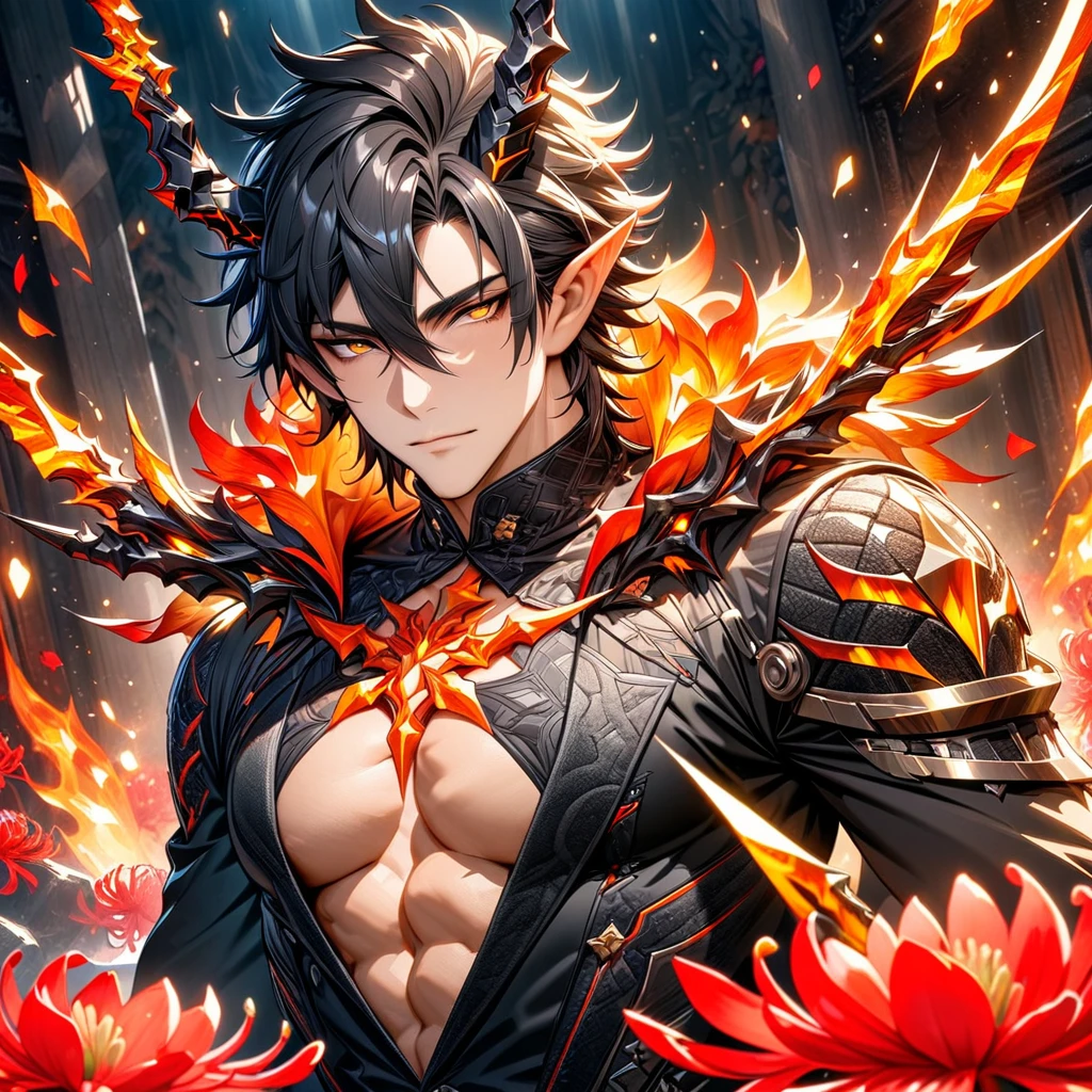 absurdres, highres, ultra detailed, HDR) master piece, best quality, Flamebringer, black hair, hair between the eyes, expressive orange eyes, Arknights, solo, sexy man, handsome, mature face, pointed ears, black horns, toned chest, black clothes, patterns, magical fantasy, red butterflies, glittering, sparkling, red spider lilies, petals, radiant