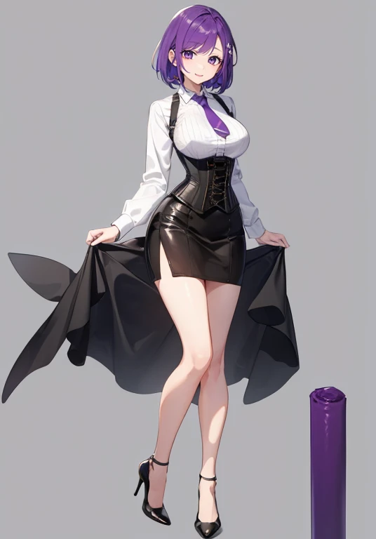 Purple hair,short hair,Adult female,(suit),Dress shirt,((Roll up your sleeves)),(Corset),(Tight skirt),(high heels),The heel is visible,((Simple background)),Smile,((Full body)),((whole body)),Character Sheet,