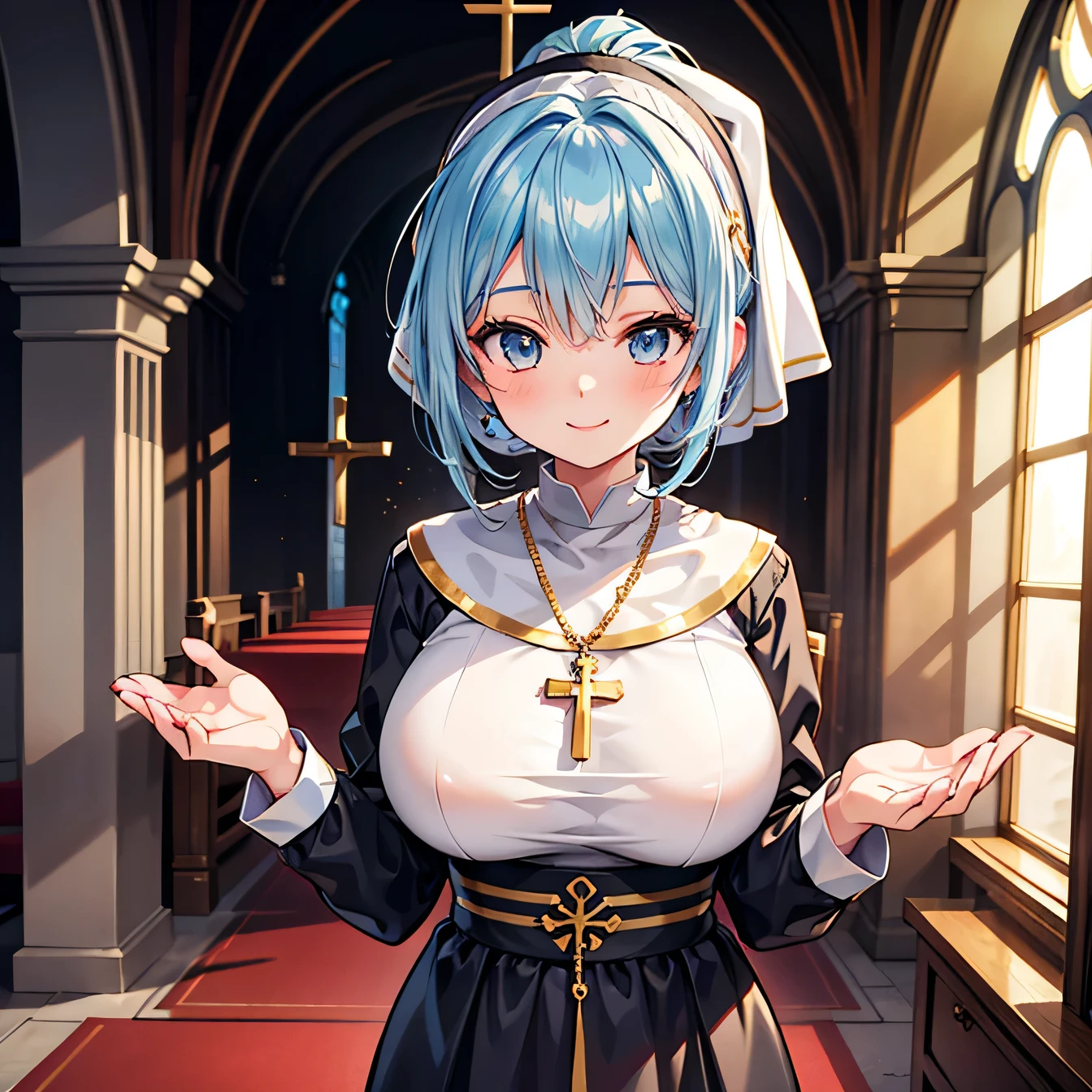Anime Moe Art Style,highest quality,High resolution,Anatomically correct,One Girl,-teegirl with light blue hair in a ponytail,Super detailed,Fantasy World,Nuns,Monastic Clothes,Big Breasts,A rich expression,smile,church,hands tied together,Offering prayers,Eyes drawn in detail,Gold Rosary,8K