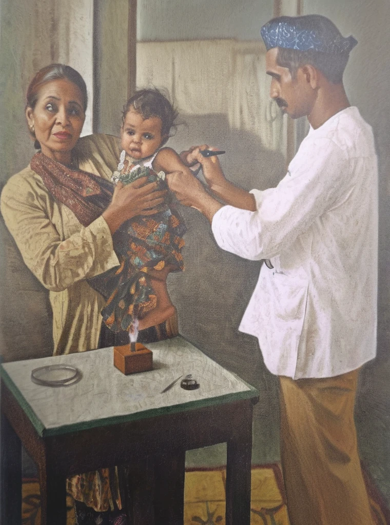 A retro picture of male nurse injection giving a smallpox vaccine to a toddler is being carried by his worry mother, the mother wears Indonesian retro kebaya, the male nurse wears white sundanese tradisional cotton shirt and batik headband, it's a 1800 clinic scene insanely intricate details, a photorealistic color pencil illustration in Don Lawrence style, ultra sharp focus and crisp, dehazed,