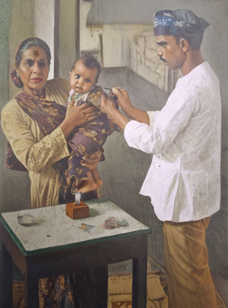 A retro picture of male nurse injection giving a smallpox vaccine to a toddler is being carried by his worry mother, the mother wears Indonesian retro kebaya, the male nurse wears white sundanese tradisional cotton shirt and batik headband, it's a 1800 clinic scene insanely intricate details, a photorealistic color pencil illustration in Don Lawrence style, ultra sharp focus and crisp, dehazed,