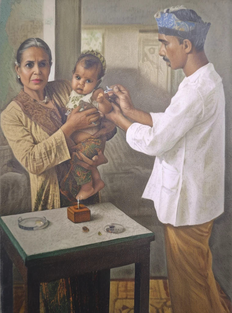 A retro picture of male nurse injection giving a smallpox vaccine to a ddler is being carried by his worry mother, the mother wears Indonesian retro kebaya, the male nurse wears white sundanese tradisional cotton shirt and batik headband, it's a 1800 clinic scene insanely intricate details, a photorealistic color pencil illustration in Don Lawrence style, ultra sharp focus and crisp, dehazed,