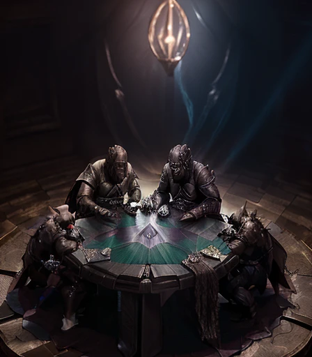 ((( 2 Cabal creatures are dueling on the card table , 2 creatures of darkness are battling on the card table, 2 mystical creatures are comforting each other on the card table )), 