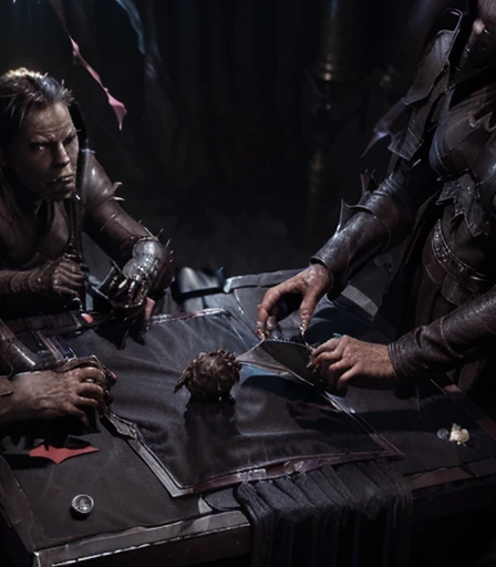 ((( 2 Cabal creatures are dueling on the card table , 2 creatures of darkness are battling on the card table, 2 mystical creatures are comforting each other on the card table )), 