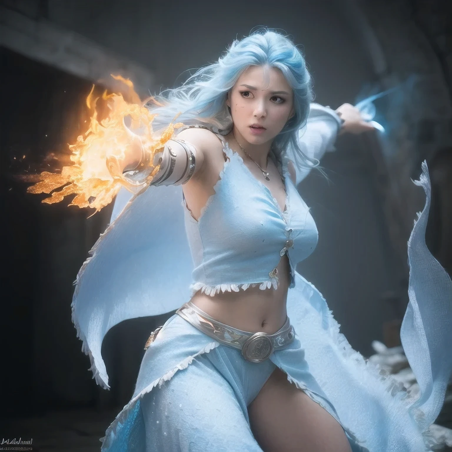 there is a woman with blue hair and a white dress holding a fire, ice sorceress, the sorceress casting a fireball, fantasy character photo, casting fire spell, (octane render) fantasy style, ice and fire, a sorceress casting a ice ball, realistic fantasy render, she has fire powers, ice mage, fantasy photoshoot