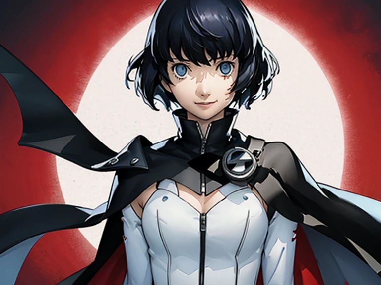 1girl, solo, looking_at_viewer, black cape, noire , sneaky smile, persona, shadow 