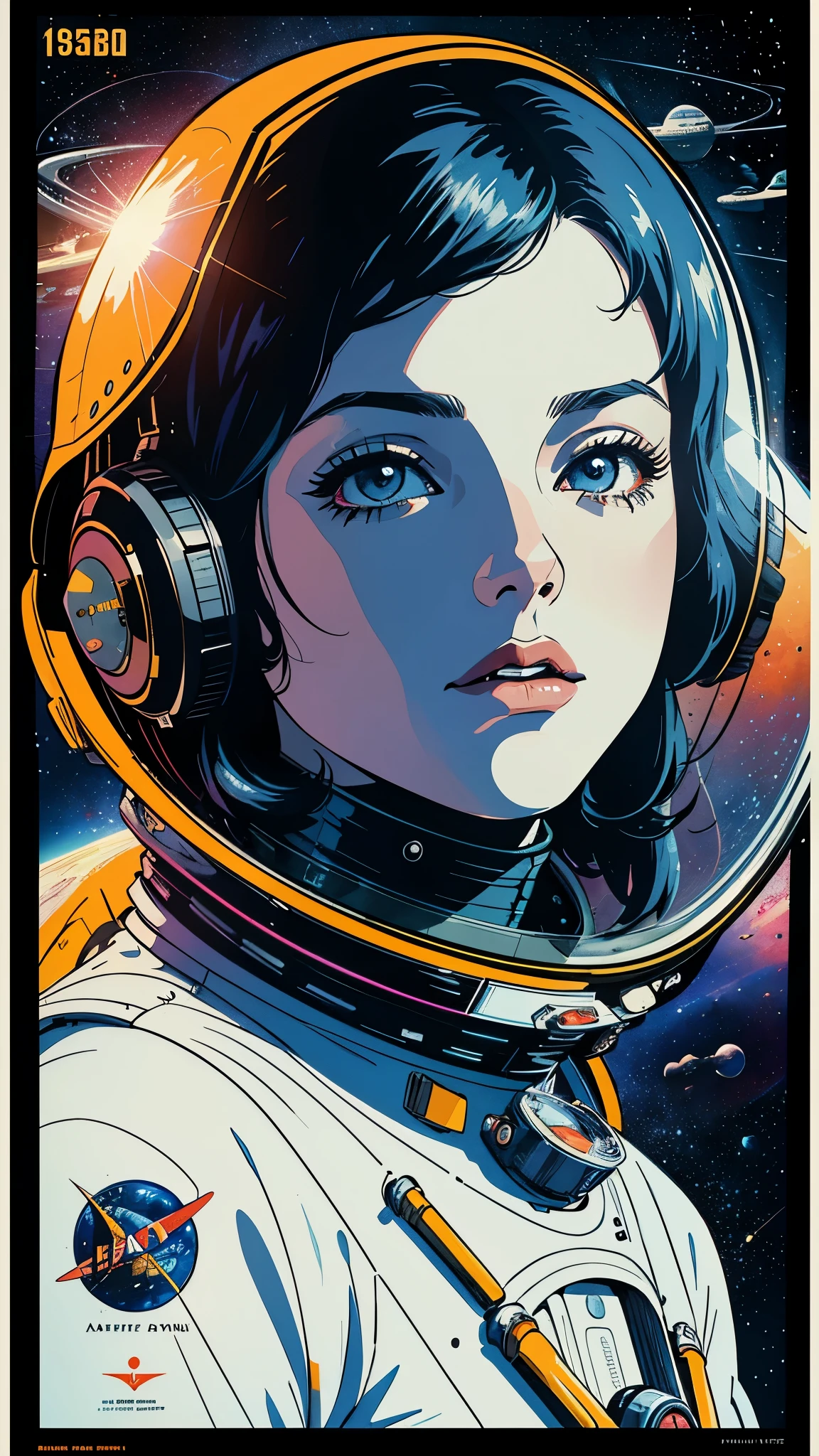 (masterpiece, highest quality), 8k wallpaper, very detailed, poster, vintage science fiction, 1960s,(((space thriller cinematic movie poster))), (bauhaus), shape,abstract, mid century modern, movie poster, vintage, Perfect Lady,anime,1970's,halftone,speech bubble