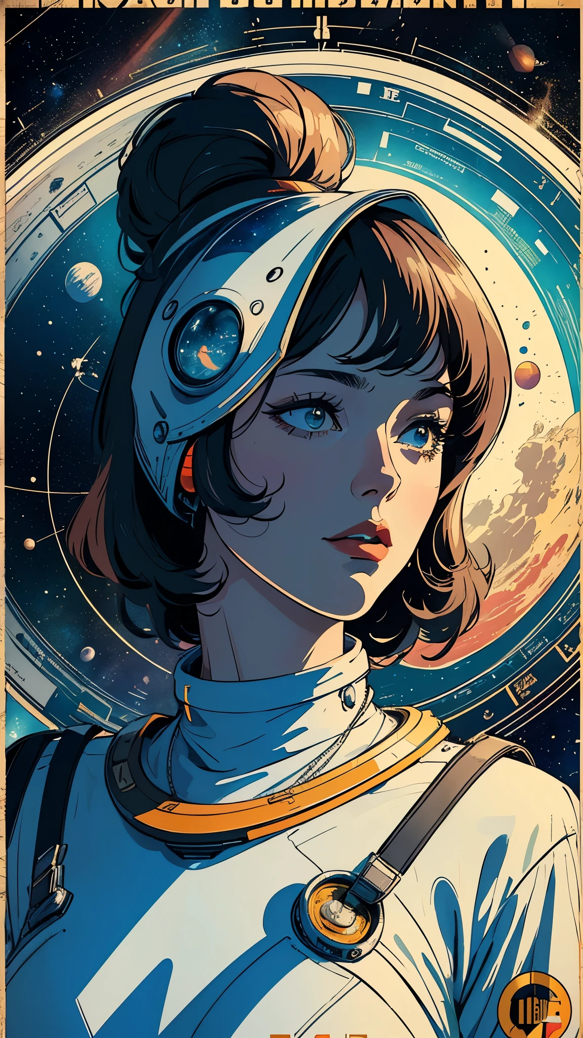 ((masterpiece, highest quality)), 32k wallpaper, very detailed, poster, vintage science fiction, 1960s,(((space thriller cinematic movie poster))), (bauhaus), shape,abstract, mid century modern, movie poster, vintage, Perfect Lady,anime,1970's,halftone,speech bubble