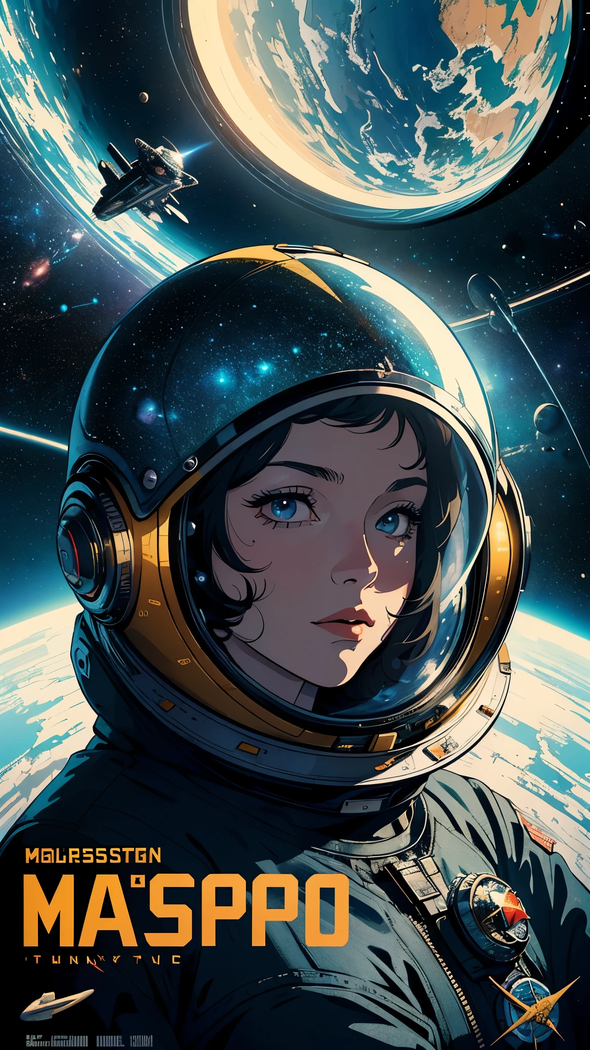 ((masterpiece, highest quality)), 32k wallpaper, very detailed, poster, vintage science fiction, 1960s,(((space thriller cinematic movie poster))), (bauhaus), shape,abstract, mid century modern, movie poster, vintage, Perfect Lady,anime,1970's,halftone,speech bubble,astronauts,galaxy hero,