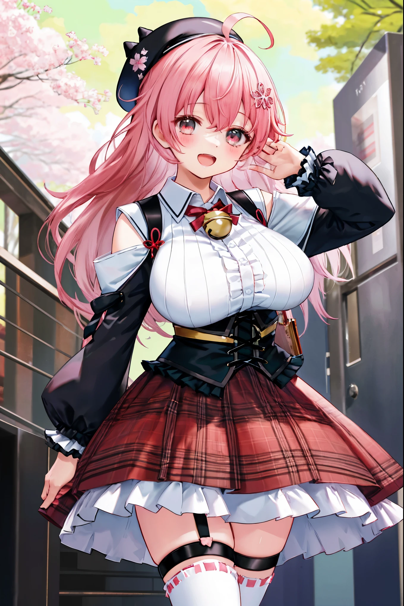 masutepiece, Best_Quality, hight_resolution, miko2,Ponytail, 1girl, Ahoge, black headwear, Hair Ornament, White shirt, black thighhighs, Pink hair, Red_skirt, very_short_skirt, plaid skirts, garter_strap, Collared shirt, hair clips, frilld, Bangs, hair between eye, frills skirt, beret, Pleated skirt, Hair Flower, Neck bell, , puffy long sleeves, Black bow, Underbust, Cowboy Shot,Smile, (gigantic_breasts:1.3),covered_nipples, covered_pussy,green_eyes, happy, childlike_posing,spread_legs,(big_smile:1.2),plump,open_mouth,shout,half_eyes,cherryblossom_park_background,