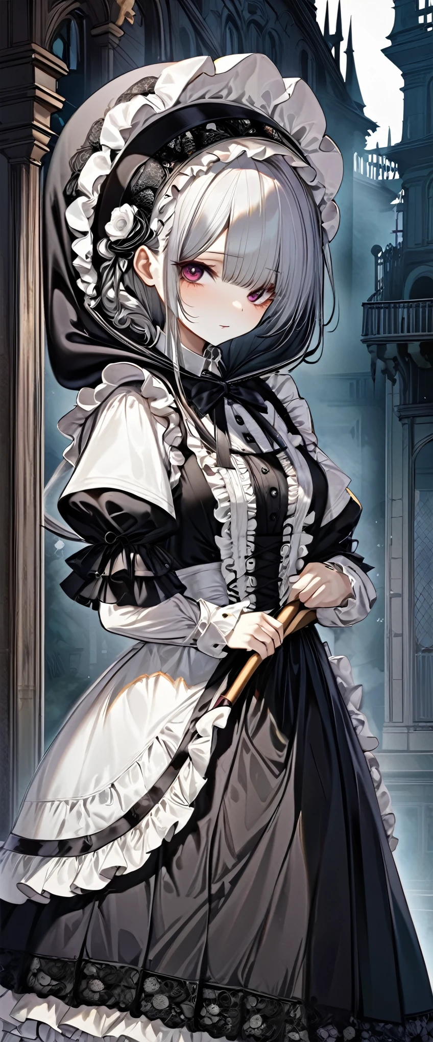 best quality, super fine, 16k, incredibly absurdres, extremely detailed, delicate and dynamic, the most luxurious, gorgeous, beautiful and wonderful maid outfit with lace frills, long ruffle skirt, robe, hood, Gothic, Romanesque, Baroque, Renaissance, Rococo, Art Nouveau, Northern Renaissance style, dark fantasy, cursed grim reaper maid with downcast face, hell's mansion, horror effects